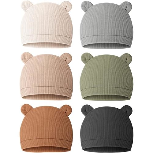 Konssy 6 Pack Baby Newborn Hats Set Bear Ears Beanie Hats Soft for Infant Baby Girls Boys Caps 0-3 Months