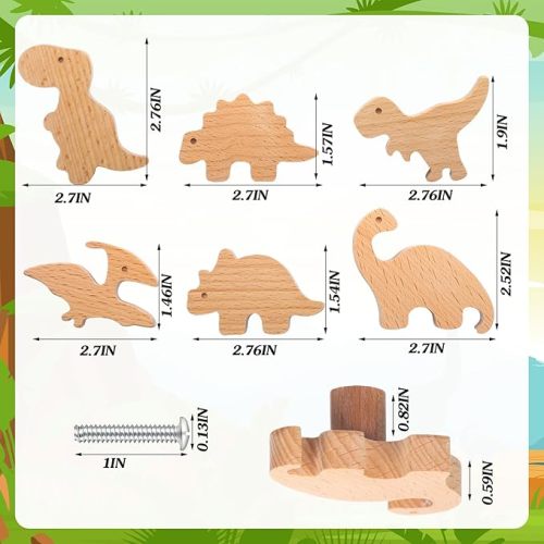 Qunclay Wooden Animal Cabinet Knobs Decorative Wood Dresser Knobs with Screws Dresser Pulls Wood Marine Woodland Animals Knobs Furniture Knobs Nursery Drawer Handles for Decor (Dinosaur,12 Sets)