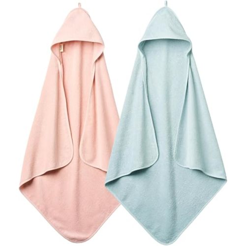 Baby Hooded Towel – Organic Cotton Baby Bath Towels, 32" x 32" Super-Soft and Absorbent Baby Towels for Newborn 2-Pack (Blush/Baby Blue)