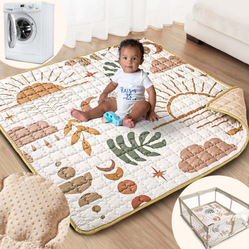 Beavtaens Baby Play Mat for Floor, 50x50 Playpen Mat with Super Soft Touch, Play Pen Mats with Upgraded Anti-Slip Bottom, Machine Washable (Boho Nature)