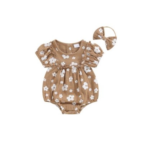 Bagilaanoe Newborn Baby Girl Summer Rompers Floral Print Short Sleeve Bodysuits + Headband 3M 6M 9M 12M 18M Infant Casual One Piece Jumpsuit