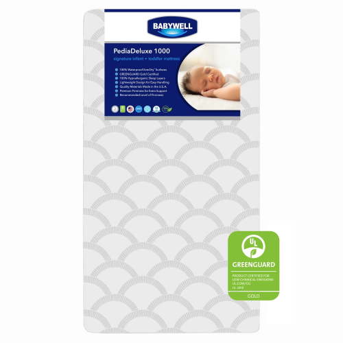 Babywell PediaDeluxe 1000 Baby Crib and Toddler Mattress, Waterproof, Extra Firm, GREENGUARD Gold, Sustainably Sourced Fiber Core, White/Grey