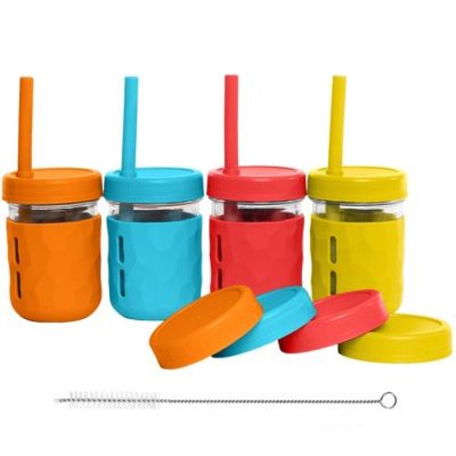 Weesprout Glass Cups With Lids & Straws, Spill-resistant Smoothie Jars For Toddlers & Kids, Xl Silicone Straw, Easy-grip Sleeves, Set Of Four