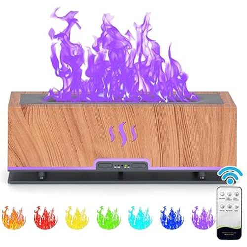7 Colors Flame Diffuser Essential Oil Diffuser, 200ml Ultra-Quiet Aromatherapy Diffusers for Home, Office, Bedroom Cool Fire Diffuser with Timer & Waterless Auto Off (Light Brown)