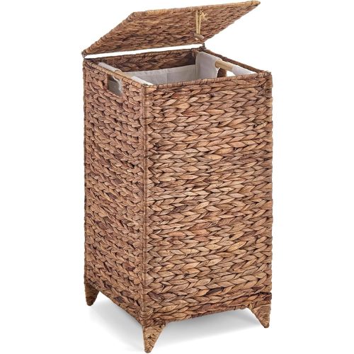LGENHOOM Handwoven Laundry Hamper with Lid, Natural Water Hyacinth Heightened Feet Laundry Basket, Wicker Clothes Hamper with Removable Liner Bag