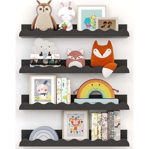 Kids' Bookshelf Set of 4 - Black Floating Nursery Book Shelves, Picture Ledge Shelf for Wall Decor and Storage - Perfect for Books, Toys, Photo Frames, and Nursery Décor