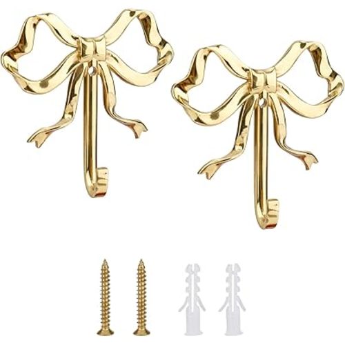 2pcs Bow Knot Wall Hooks, 2.6x2.5in Gold Bow Knot Coat Hooks Cute Butterfly Door Hangers Decorative Bows Wall Hook for Coats Hats Bags Towels Coffee Mugs
