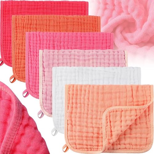 Hicarer 6 Pcs Muslin Burp Cloths Pure Cotton Baby Burping Rags 20 x 10 Inch 6 Layers Spit up Rags Neutral Large Soft Absorbent Multicolor Muslin Washcloths Diapers for Newborn Girl Boy (Pink Series)