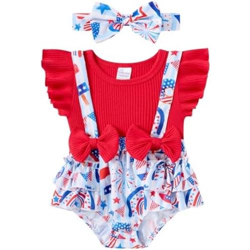 UNICOMIDEA 0-18 Months Baby Girls Clothes 4th of July Infant Romper Ruffle Sleeve Newborn Outfits with Headband