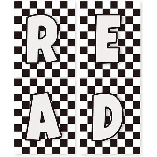 HRQKO Read Checkered Wall Art Poster Prints Set of 4, Reading Corner Decor, Black and White Reading Artwork Printing Posters Wall Decor, Read Sign Prints for Kids Boys Room Playroom 8”x10” Unframed