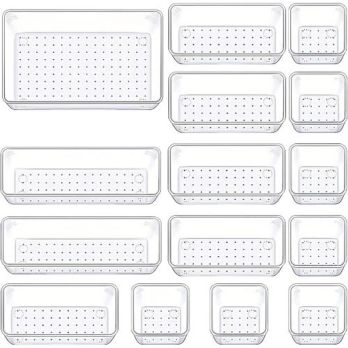 Drawer Organizers Set of 15, 4 Sizes Clear Plastic Drawer Organizers and Storage Bins for Kitchen, Bathroom, Office, Dresser Desk Drawer Organizer Tray for Jewelry, Makeup, Junk, Gadgets