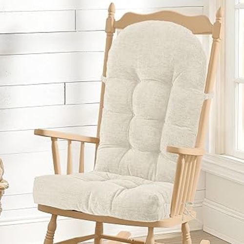 Rocking Chair Cushion - Chenille Fabric, High-Density Sponge, Durable Comfort Non-Slip Bottom Tufted Seat Pads with Ties, Chenille︱Oyster White, 44x19x4 inch