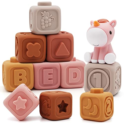 Nueplay 7 Pcs Soft Building Blocks, Sensory Stacking Squeeze Toys with Horse Figure, Newborn Essentials for 6 12 18 Months Baby Toddler Girls