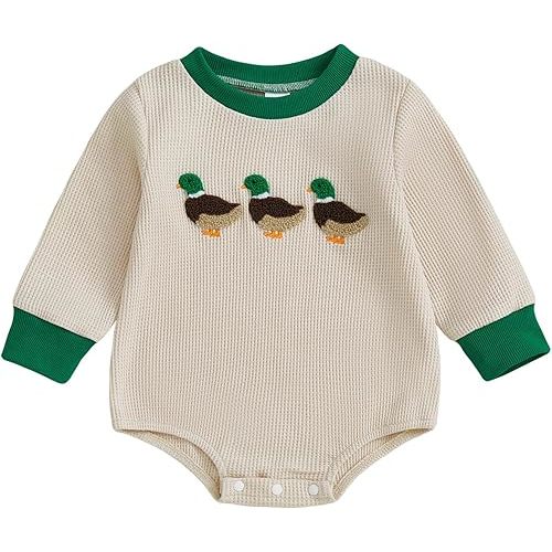 Infant Long Sleeve Bubble Romper Baby Boy Fall Winter Outfits Newborn Waffle Knit Embroidery Bodysuit Clothes
