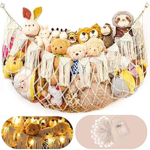 Stuffed Animal Hammock Net with Lights - Big Wall Hanging Stuffed Animal Storage for Plushies and Teddy Bears,Boho Macrame Toy Hammock Organizer Holder for Kids Boys Bedrooms Playroom Nursery （White）