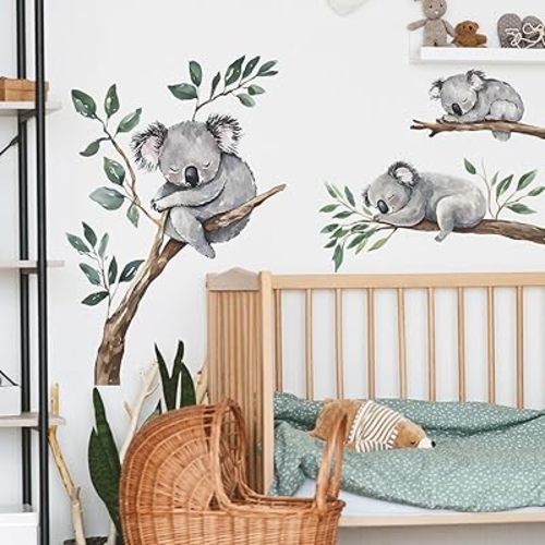 Watercolor Koala on Tree Branch Wall Stickers Large Animal Wall Decals Peel and Stick Kids Baby Bedroom Playroom Nursery Koala Wall Decoration Art