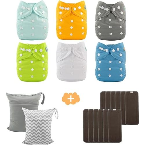 ALVABABY 6 Pack Baby Cloth Diapers with 12 pcs 5-Layer Rayon Charcoal Bamboo Inserts and 2pcs Wet Dry Bags