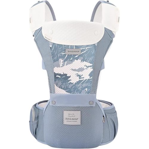 Bebamour Baby Carrier Newborn to Toddler-Baby Hip Carrier Front and Back Carry with Head Hood & 3 Pieces Teething Pads& Waist Extenders,Blue