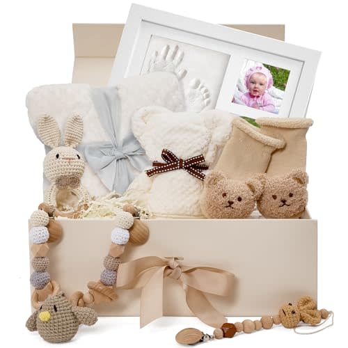 Baby Gift Set for Newborn – Handprint & Footprint Photo Frame, Bunny Rattle, Blanket, Socks, Towel Bear, Carriage Pendant, Nipple Clip – Newborn Baby Gift Basket for Boys & Girls