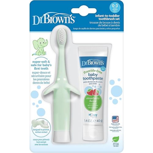 Dr. Brown's Infant-to-Toddler Training Toothbrush Set, Mint Elephant with Fluoride-Free Strawberry Baby Toothpaste, 0-3 Years