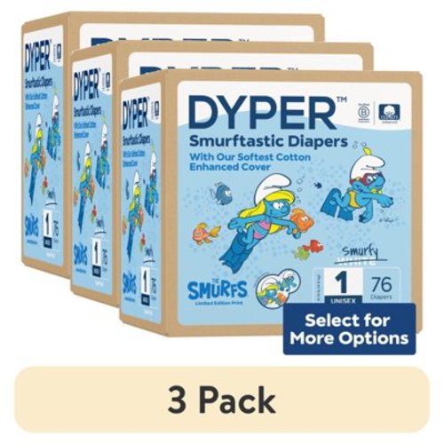 (3 pack) DYPER Cotton-Enhanced Diapers Smurfs Edition, Size 1, 76 Count (Select for More Options)