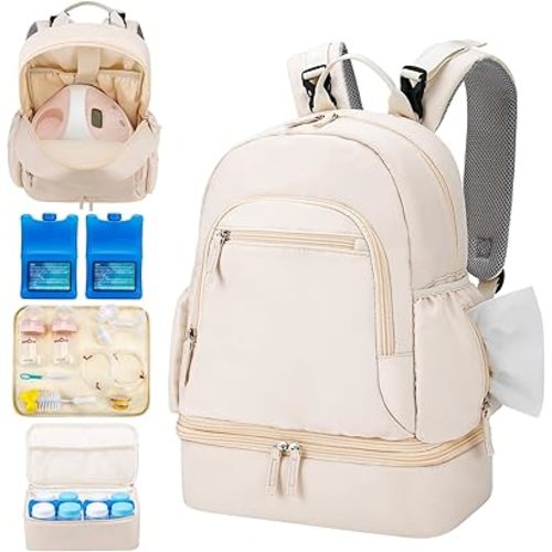 Breast Pump Backpack for Spectra S1 and S2 with Removable Cooler Compartment, Pumping Bag for Pump Accessories, Breast Pump Bag for Work, Travel and Family Use Plus Beige
