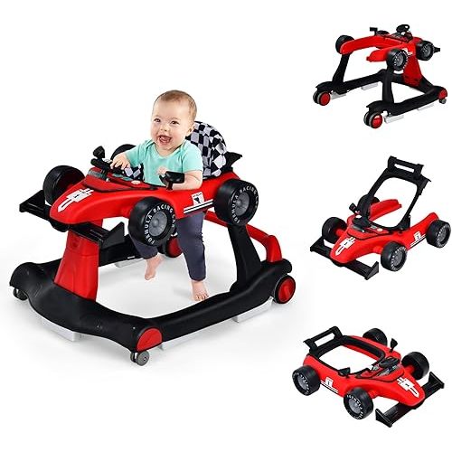 HOMGX Baby Walker with Wheels, Convertible Baby Push Walker & Race Car Mode, Infant Activity Center with Music Box, 3 Heights & 2 Speeds, Foldable Walkers for 6-18 Months (Red)
