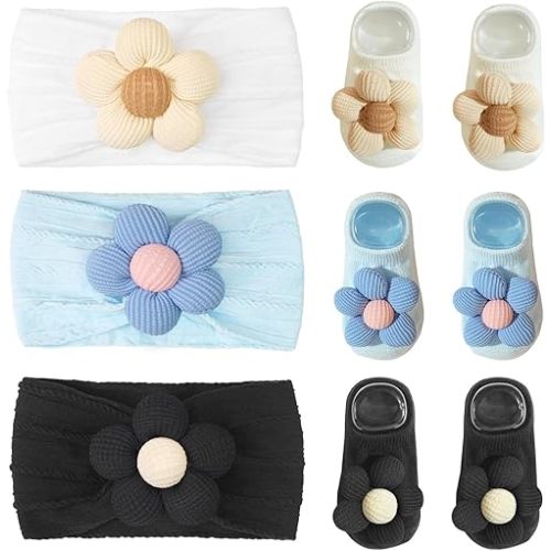 CÉLLOT Baby Girl Headband and Socks, Non-Slip Floral Socks and Soft Floral Nylon Hairbands for Babies Infants and Toddlers(White,Blue,Black)