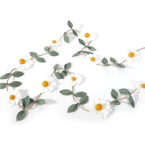 Wool Felt Daisy Chain Banner Garland - Daisy 1st Birthday Decorations,Daisy Themed Party Decorations,Nursery Wedding Decoration,White Wool Felt Daisy Green Leaf Garland