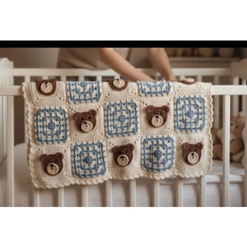 Handmade Crochet Teddy Bear Granny Square Baby Blanket, Neutral Cotton Crib Blanket