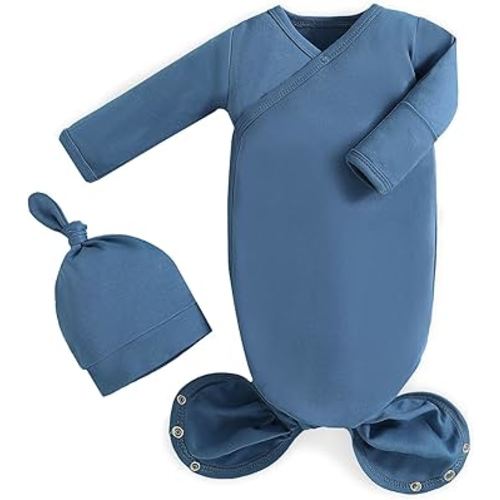 MVUOCR Newborn Knotted Baby Gowns, Soft Cotton Baby Girl Sleeper Newborns, Infant Outfit Sleepers Gown for Girls and Boys, Coming Home from Hospital Outfit with Hat Set Navy Blue