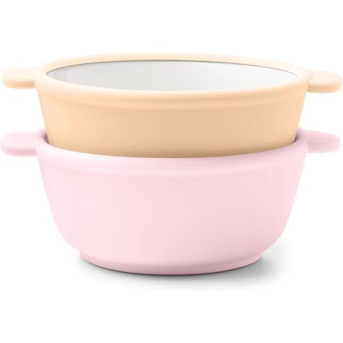 Ello Clean Start Ceramic Toddler Bowls with Sleeves, 2 Pack, Cashmere Pink/Dune