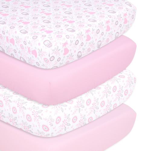 The Peanutshell Pink and White and Gray and Multi-color Animals Microfiber Sheet Sets Crib Bed, Washable (Count 4)