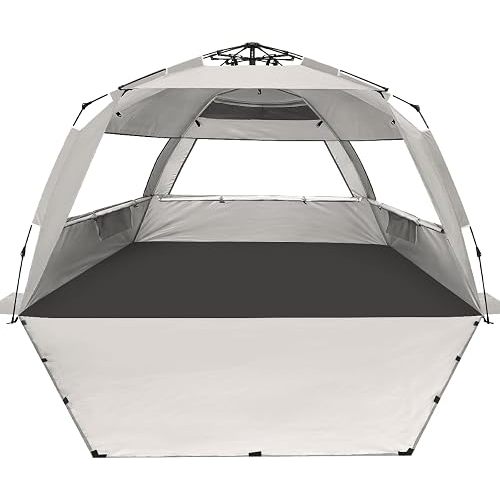 WhiteFang Deluxe XL Pop Up Beach Tent Sun Shade Shelter for 3-4 Person, UV Protection, Extendable Floor with 3 Ventilating Windows Plus Carrying Bag, Stakes, and Guy Lines (Baby's Breath)
