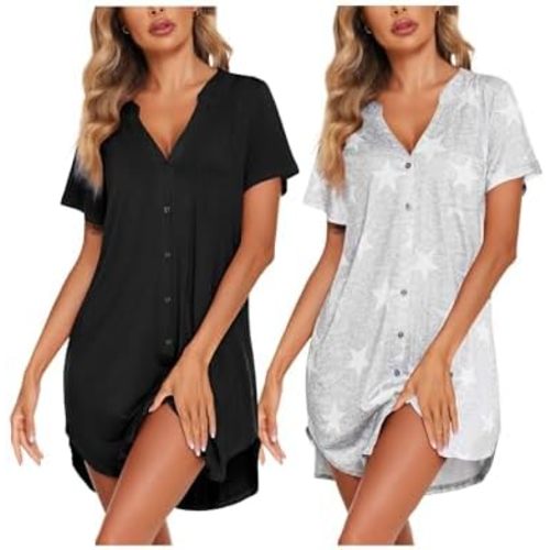 Ekouaer 2 Pack Nightgowns for Women Button Down Sleep Shirts V Neck Night Shirts Night Gowns