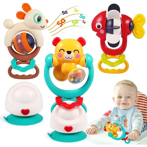 Baby Toys 6-12 Months Infant Toy Set of 3 High Chair Suction Cup Rattle Teething Toys for Babies 6 7 9 12-18 Months 2-in-1 Sensory Development Tray Toy Baby Gifts for Boys Girls