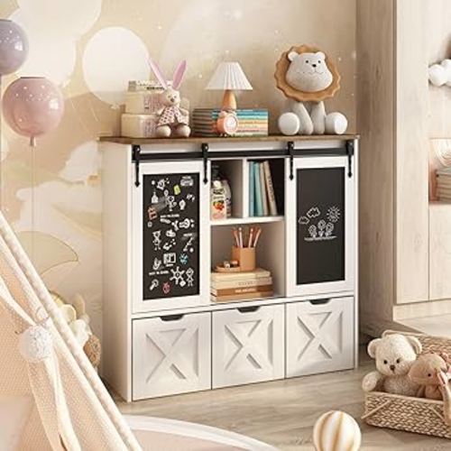 Toy Storage Organizer with Sliding Blackboard, Kids Bookshelf and Bookcase with Hidden Wheels and 3 Movable Drawers, Multifunctional Storage Cabinet Toy Chest for Playroom, Nursery, Kids Room, White