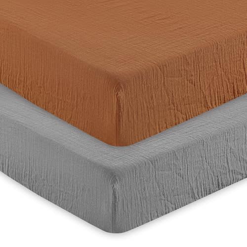 david's kids Muslin Crib Sheets for Boys Girls, 2 Pack 100% Cotton Soft Breathable Fitted Baby Sheet Set, 28x52 Inch Fits Standard Crib and Toddler Mattresses, Brown & Grey