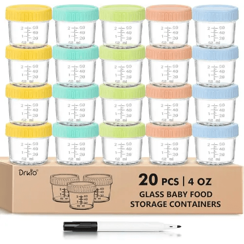 DRKIO 20 Pack Glass Baby Food Storage Containers 4 Oz Baby Food Jars with Lids Baby Food Maker Microwave Dishwasher Freezer Safe 100% Leak-Proof BPA Free
