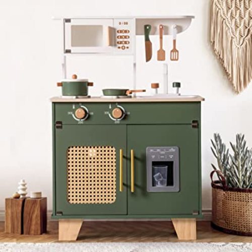 ROBOTIME Play Kitchen with Pretend Ice Cube Dispenser for Toddler, Wooden Kids Kitchen Play Set, Toy Kitchen Set for Kids Age 3 4 5 6 7 (Vintage Green)