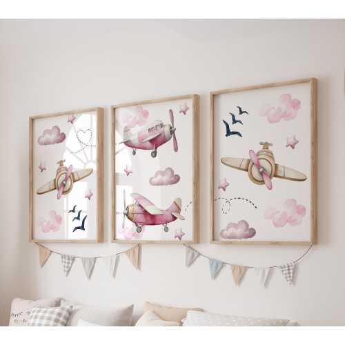 Set of 3 Pink Airplanes Prints, Airplanes Wall Art Set, Birds Posters, Modern Art, Kids Bedroom Decor, Girl Nursery Decor, Playroom Prints