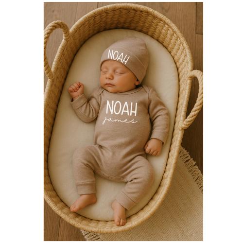 Baby Boy Coming Home Outfit, Personalized oatmeal vintage romper with hat, custom gender baby boy coming home, baby shower gift