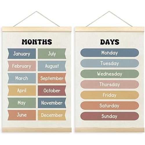 TLESKE Months of the Year Days of the Week Chart Poster Hanger Frame for Toddler Kid Classroom Set of 2, Homeschool Hanging Wall Art for Nursery Playroom, Preschool Learning Educational Poster, 16x24