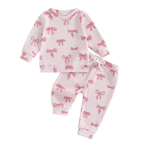 NZNDSHD Fall Baby Girl Clothes Ruffle Long Sleeve Bow Print Sweatshirt Top Pants Set 2Pcs Waffle Knit Outfit