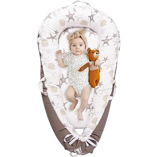 Viviland Baby Lounger for Newborn, Baby Nest Cover for 0-24 Month, Portable Nest Sleeper Cover for Infant with 100% Cotton Muslin Cover - Breathable (Grey Starfish)