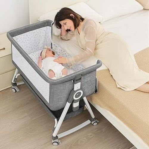 Baby Bassinet, Bedside Bassinet for Baby, 4 in 1 Bassinet Bedside Sleeper with Locked Wheels, Mosquito Net, Adjustable Easy Folding Portable Crib for Infant Newborn, Grey