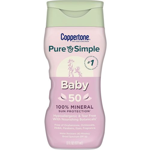 Coppertone Pure and Simple Baby Sunscreen SPF 50 Lotion, Zinc Oxide Mineral Sunscreen for Babies, Tear Free, Water Resistant, Broad Spectrum SPF 50 Sunscreen, 6 Fl Oz Bottle