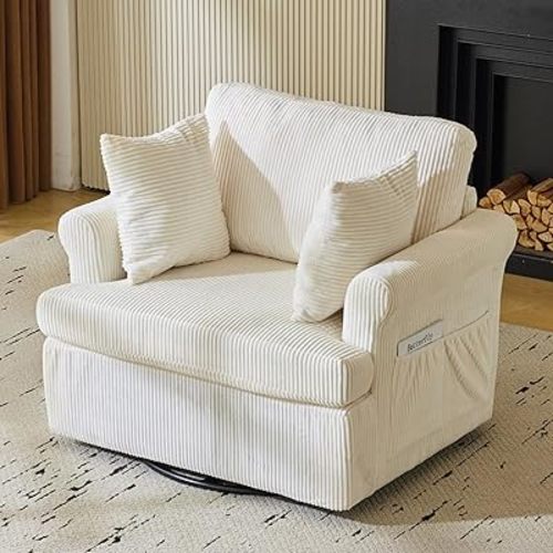 VINGL 39.2" Wide 360° Swivel Accent Armchair with 2 Pillows, Oversized Single Sofa, Chair and a Half with Side Pockets and Wide armrest for Living Room, Bedroom, Reading Room, Corduroy Beige