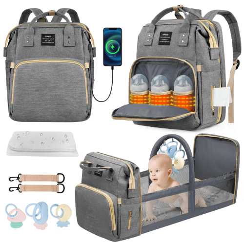 Diaper Bag Backpack, Multifunctional Baby Changing Bag with Foldable Crib & Insulated Milk Bottle Pockets, Large Capacity Portable Travel Backpack with USB Charging Port, Nappy Bag for Moms Dads(Gray)