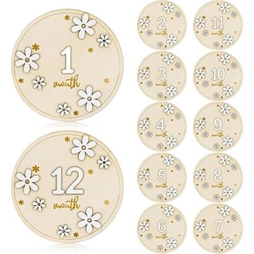 12 Pcs Baby Monthly Milestone Cards 3D Daisy Wooden Marker Discs for Baby Photos 4 Inch Baby Announcement Sign(1-12 Months)